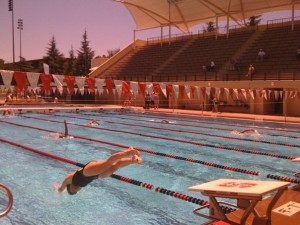 Malinda diving in at The National Senior Olympics, Stanford, 2009