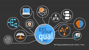 Dark gray logo of Sarah J. Tracy's qualitative Youtube channel, Get Your Qual On