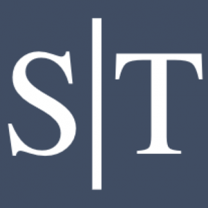 Sarah J Tracy logo in blue and white.
