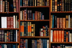 Numbered book shelves with historic hardbound books.